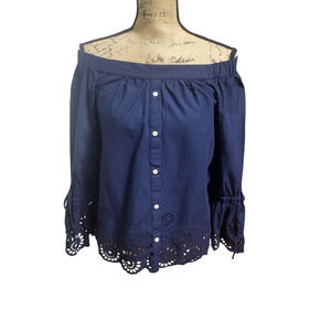 Isabella Sinclair navy blue off shoulder, eyelet detail top, size small